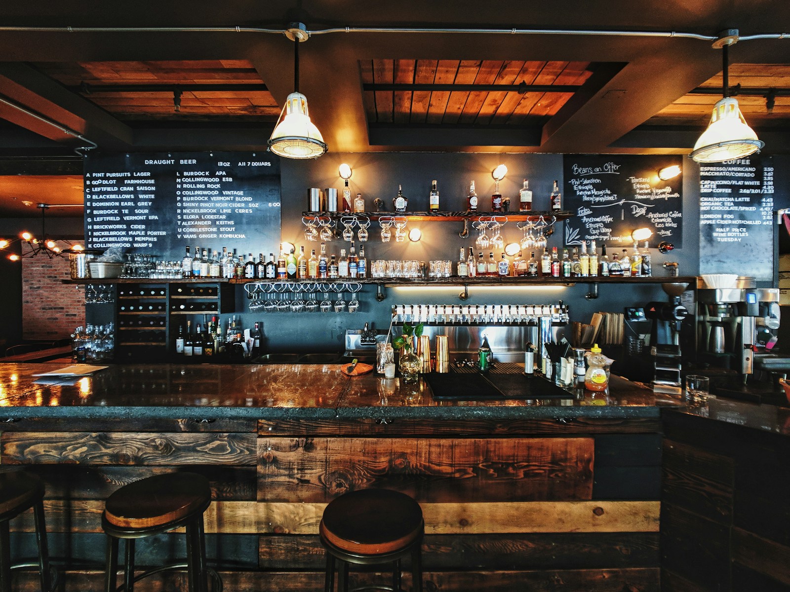 Warmly lit bar and beverage setting